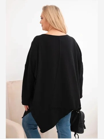 Dámska bavlnená blúzka Plus Size s asymetrickým spodkom a V výstrihom čierna
