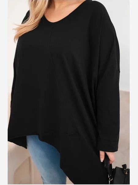 Dámska bavlnená blúzka Plus Size s asymetrickým spodkom a V výstrihom čierna