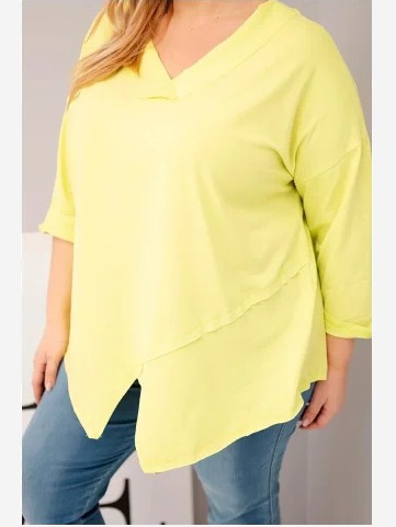 Dámska bavlnená blúzka Plus Size s hlbokým výstrihom do V a asymetrickým spodkom žltý neon