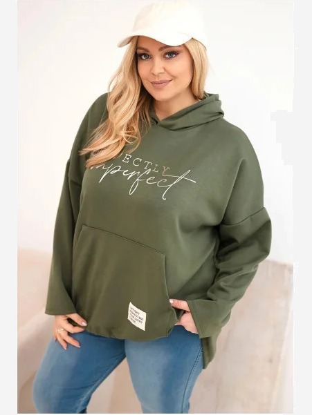 Dámska mikina Plus Size s kapucňou a potlačou khaki