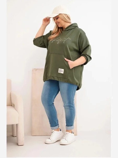 Dámska mikina Plus Size s kapucňou a potlačou khaki