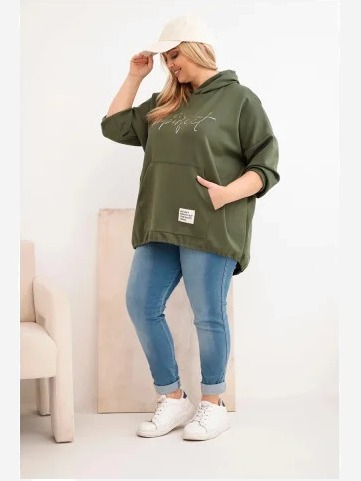 Dámska mikina Plus Size s kapucňou a potlačou khaki