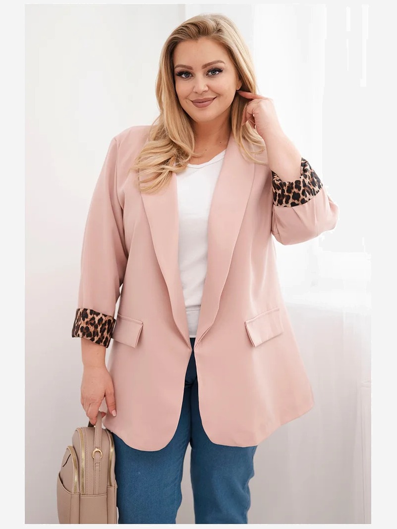 Dámska sako Plus Size s podšívkou v leopardím vzore tmavý pudrový ruž