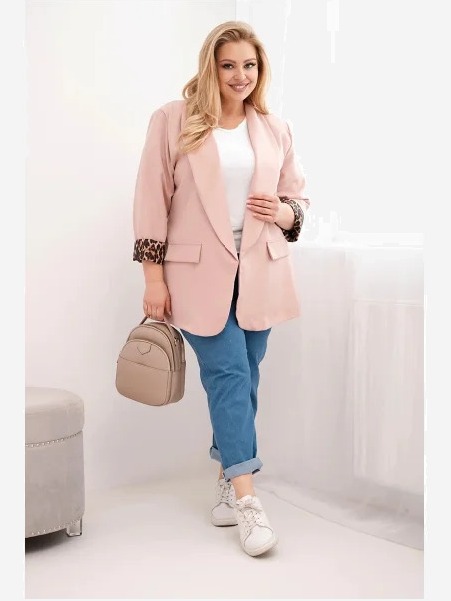 Dámska sako Plus Size s podšívkou v leopardím vzore tmavý pudrový ruž