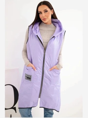 Dámska prešívaná vesta Plus Size s kapucňou na zips svetlofialová
