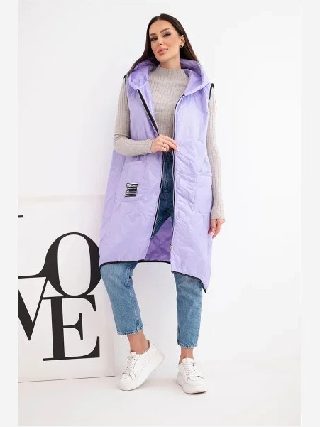 Dámska prešívaná vesta Plus Size s kapucňou na zips svetlofialová