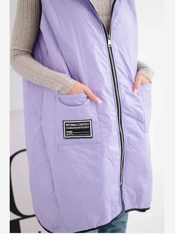 Dámska prešívaná vesta Plus Size s kapucňou na zips svetlofialová