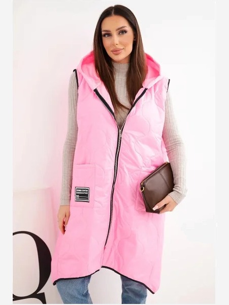 Dámska prešívaná vesta Plus Size s kapucňou na cukríkový zips ružová
