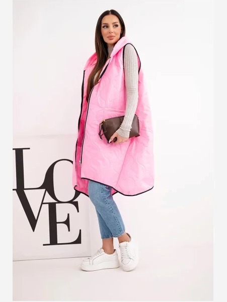 Dámska prešívaná vesta Plus Size s kapucňou na cukríkový zips ružová