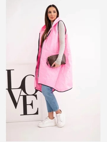 Dámska prešívaná vesta Plus Size s kapucňou na cukríkový zips ružová