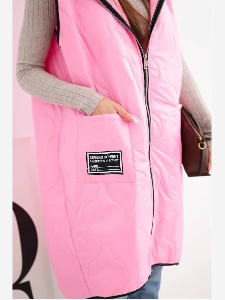 Dámska prešívaná vesta Plus Size s kapucňou na cukríkový zips ružová