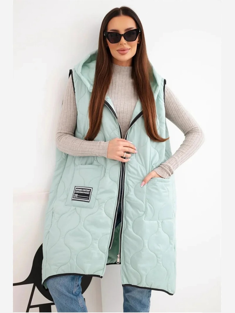 Dámska prešívaná vesta Plus Size s kapucňou na zips mentolová