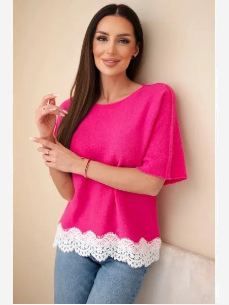 Dámsky sveter s krátkym rukávom a čipkou fuksia