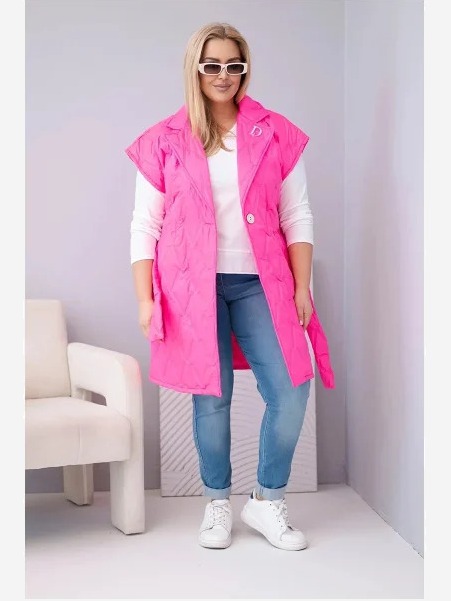 Dámska vesta Plus Size prešívaná s opaskom a golierom ružová neon