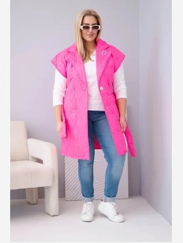 Dámska vesta Plus Size prešívaná s opaskom a golierom ružová neon