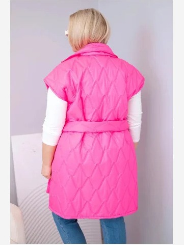 Dámska vesta Plus Size prešívaná s opaskom a golierom ružová neon