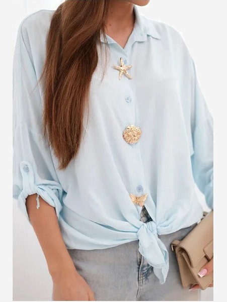 Dámska košeľa s viskózou so zdobenými gombíkmi a golierom modrá