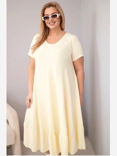 Dámske šaty plus size s krátkym rukávom a volánom z ľahkej viskózy žltá