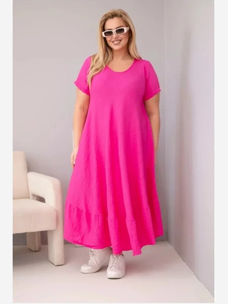 Dámske šaty vo veľkosti plus s krátkym rukávom a volánom z ľahkej viskózy fuksia