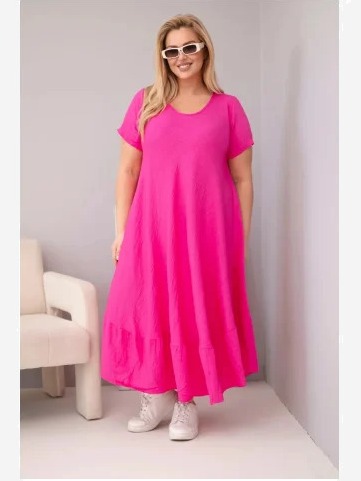 Dámske šaty vo veľkosti plus s krátkym rukávom a volánom z ľahkej viskózy fuksia