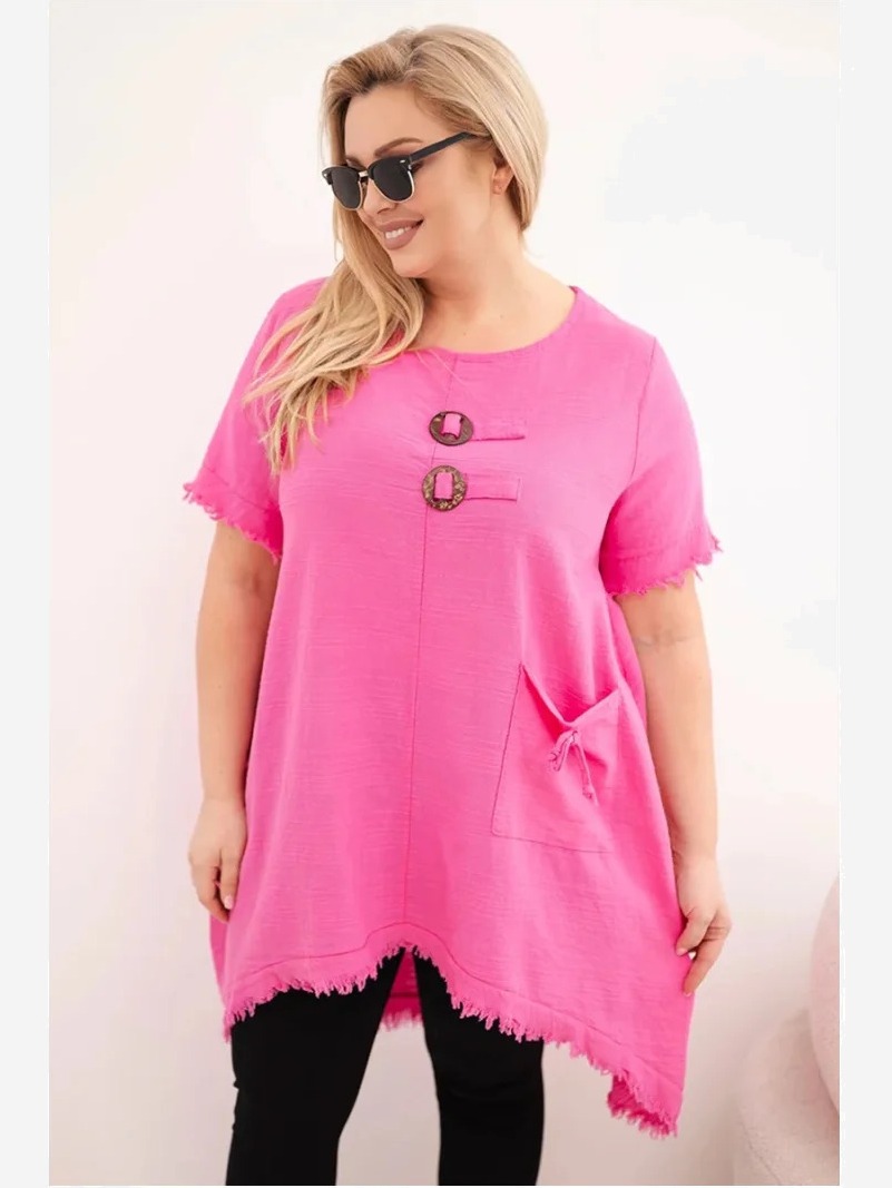Dámske bavlnené šaty Plus Size s dlhším zadným dielom a vreckom ružová