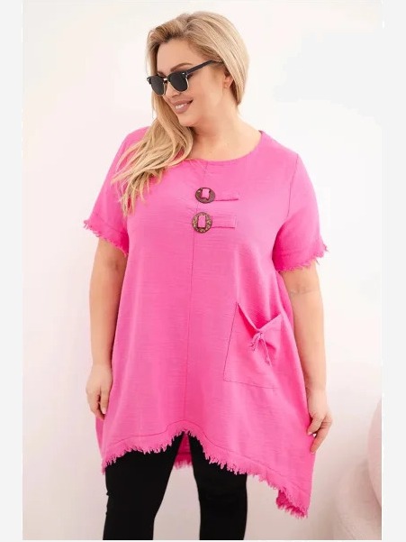 Dámske bavlnené šaty Plus Size s dlhším zadným dielom a vreckom ružová