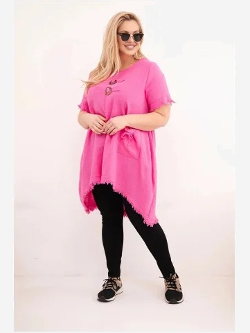 Dámske bavlnené šaty Plus Size s dlhším zadným dielom a vreckom ružová
