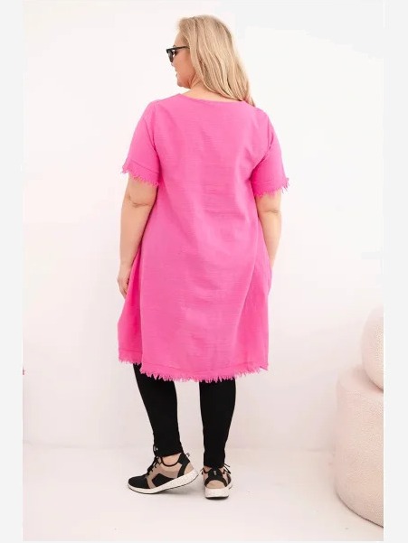 Dámske bavlnené šaty Plus Size s dlhším zadným dielom a vreckom ružová