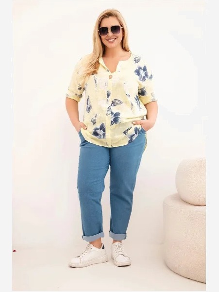 Dámska bavlnená blúzka Plus Size s kvetinovým vzorom žltá