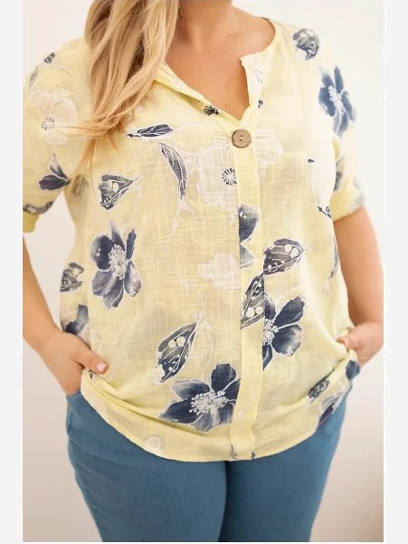 Dámska bavlnená blúzka Plus Size s kvetinovým vzorom žltá
