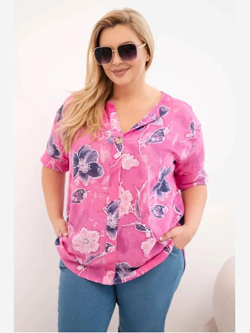 Dámska bavlnená blúzka Plus Size s kvetinovým vzorom ružová