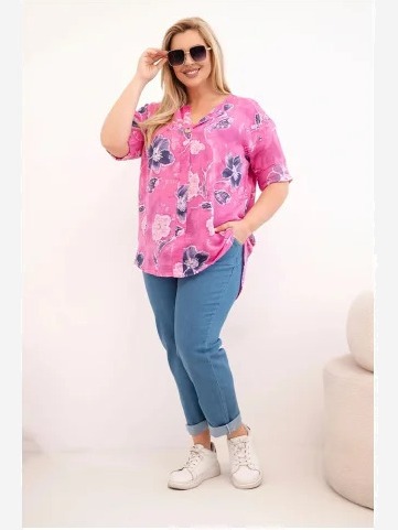 Dámska bavlnená blúzka Plus Size s kvetinovým vzorom ružová