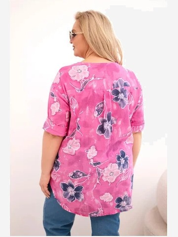 Dámska bavlnená blúzka Plus Size s kvetinovým vzorom ružová