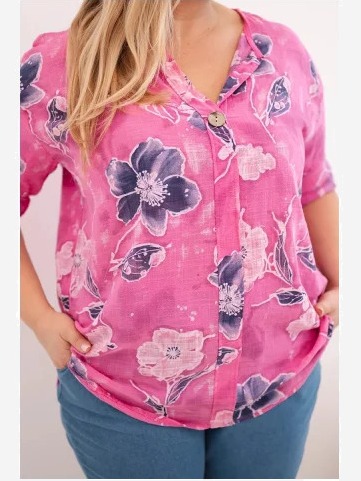Dámska bavlnená blúzka Plus Size s kvetinovým vzorom ružová