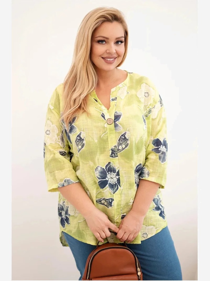 Dámska bavlnená blúzka Plus Size s kvetinovým vzorom svetlozelená
