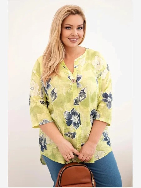 Dámska bavlnená blúzka Plus Size s kvetinovým vzorom svetlozelená
