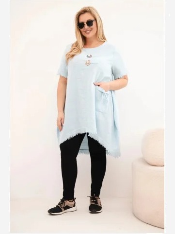 Dámske bavlnené šaty Plus Size s dlhším zadným dielom a vreckom modrá