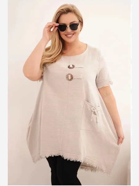 Dámske bavlnené šaty Plus Size s predĺženým zadným dielom a s vreckom béžová