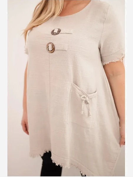 Dámske bavlnené šaty Plus Size s predĺženým zadným dielom a s vreckom béžová