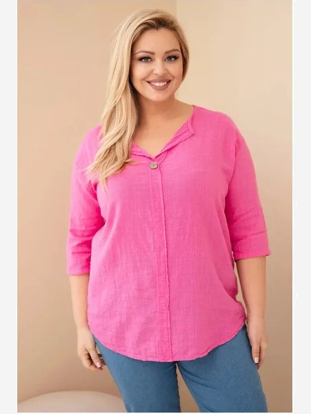 Dámska bavlnená blúzka Plus Size s výstrihom na gombíky ružová