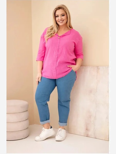 Dámska bavlnená blúzka Plus Size s výstrihom na gombíky ružová