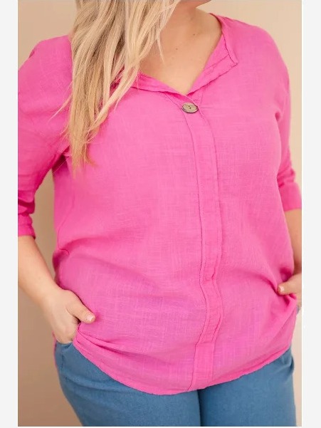 Dámska bavlnená blúzka Plus Size s výstrihom na gombíky ružová