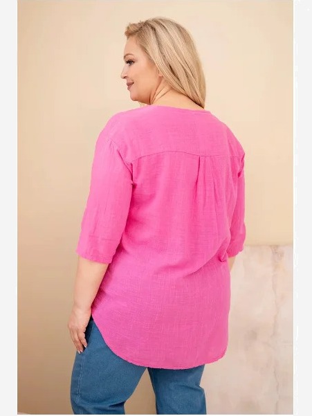 Dámska bavlnená blúzka Plus Size s výstrihom na gombíky ružová
