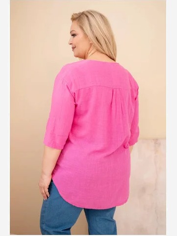 Dámska bavlnená blúzka Plus Size s výstrihom na gombíky ružová