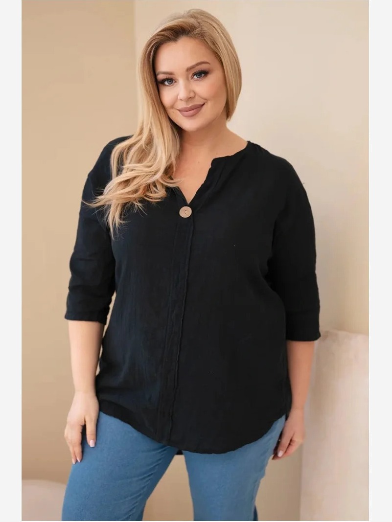 Dámska bavlnená blúzka Plus Size s výstrihom na gombíky čierna