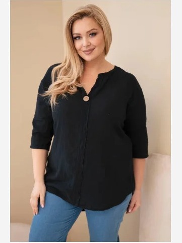 Dámska bavlnená blúzka Plus Size s výstrihom na gombíky čierna