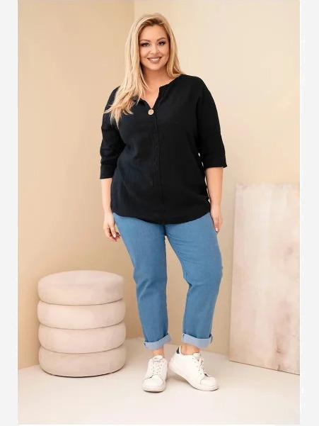 Dámska bavlnená blúzka Plus Size s výstrihom na gombíky čierna