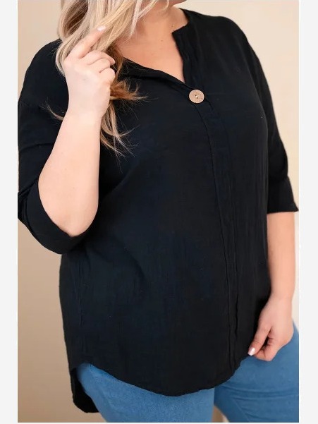 Dámska bavlnená blúzka Plus Size s výstrihom na gombíky čierna