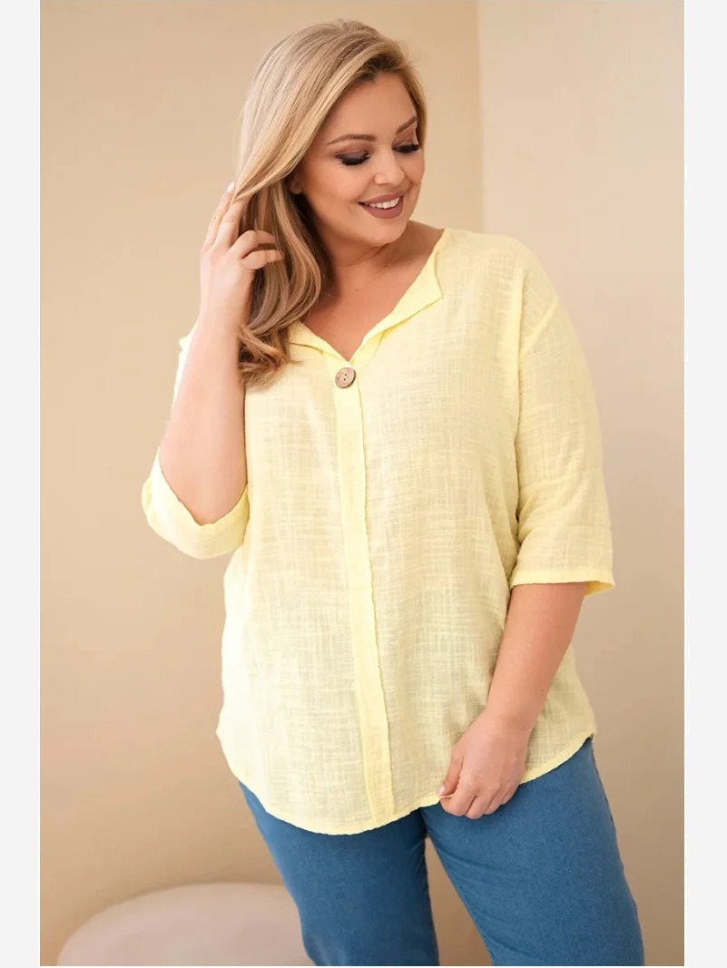 Dámska bavlnená blúzka Plus Size s výstrihom na gombíky žltá
