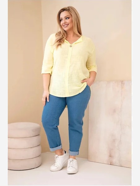 Dámska bavlnená blúzka Plus Size s výstrihom na gombíky žltá